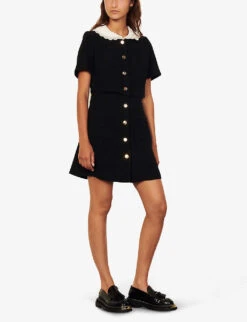 Sandro Peter Pan-collar Organic Cotton-blend Tweed Mini Dress -Ted Bakee Clothing Shop R03787556 NOIRGRIS ALT03