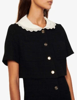 Sandro Peter Pan-collar Organic Cotton-blend Tweed Mini Dress -Ted Bakee Clothing Shop R03787556 NOIRGRIS ALT04