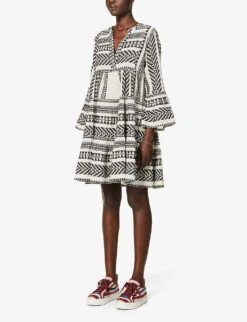 Devotion Twins Ella Flared-sleeve Cotton Mini Dress 7 Devotion Twins Ella Flared-sleeve Cotton Mini Dress -Ted Bakee Clothing Shop R03886532 BLACKOFFWHITE ALT02