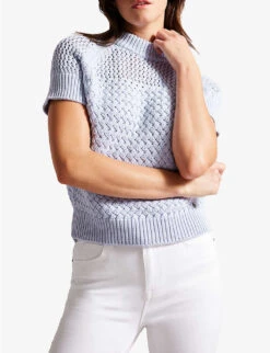 Ted Baker Stena High-neck Basket-stitch Cotton-blend Top -Ted Bakee Clothing Shop R03902244 BABYBLUE ALT02