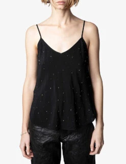 Zadig & Voltaire Casel Star-embellished Woven Cami -Ted Bakee Clothing Shop R03910382 NOIR ALT02