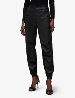 AllSaints Frieda Coated Tapered Mid-rise Woven Cargo Trousers -Ted Bakee Clothing Shop R03927605 BLACK ALT02