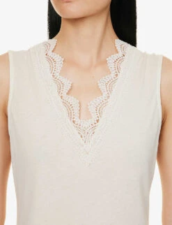 ME AND EM Lace-trim V-neck Cotton-blend Top -Ted Bakee Clothing Shop R03971748 CREAM ALT04