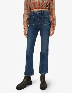 Maje Platano Flared Braided-trim Stretch-denim Jeans -Ted Bakee Clothing Shop R03972422 BLEUS ALT02