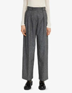 CLAUDIE PIERLOT Pleat Front Wide-leg High Rise Stretch-woven Trousers -Ted Bakee Clothing Shop R03984306 NOIRGRIS ALT02