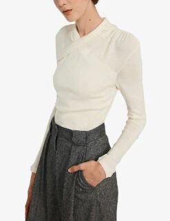 CLAUDIE PIERLOT Pleat Front Wide-leg High Rise Stretch-woven Trousers -Ted Bakee Clothing Shop R03984306 NOIRGRIS ALT04