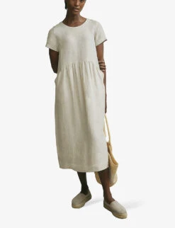 Gathered-waist Short-sleeved Linen Midi Dress -Ted Bakee Clothing Shop R03998309 FLAX ALT02