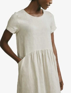 Gathered-waist Short-sleeved Linen Midi Dress -Ted Bakee Clothing Shop R03998309 FLAX ALT04