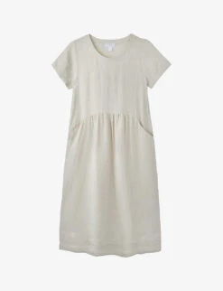 Gathered-waist Short-sleeved Linen Midi Dress