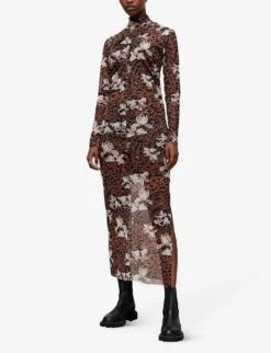 AllSaints Tia Alessandra Floral-print Stretch-woven Midi Dress -Ted Bakee Clothing Shop R04009272 ANIMALBROWN ALT02