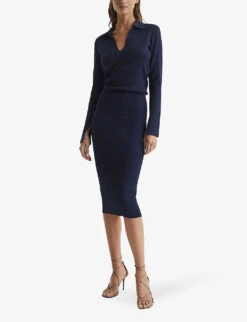 Reiss Elaina Collared Ribbed-knit Dress -Ted Bakee Clothing Shop R04068076 NAVY ALT02
