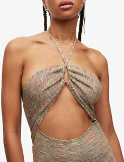 AllSaints Toni Halter-neck Rainbow-print Woven Maxi Dress -Ted Bakee Clothing Shop R04081370 GREENMULTI ALT04