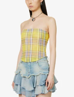 Peri Check-print Corseted Stretch-recycled Polyester Top 7 Peri Check-print Corseted Stretch-recycled Polyester Top -Ted Bakee Clothing Shop R04086801 DIONPLAID ALT02