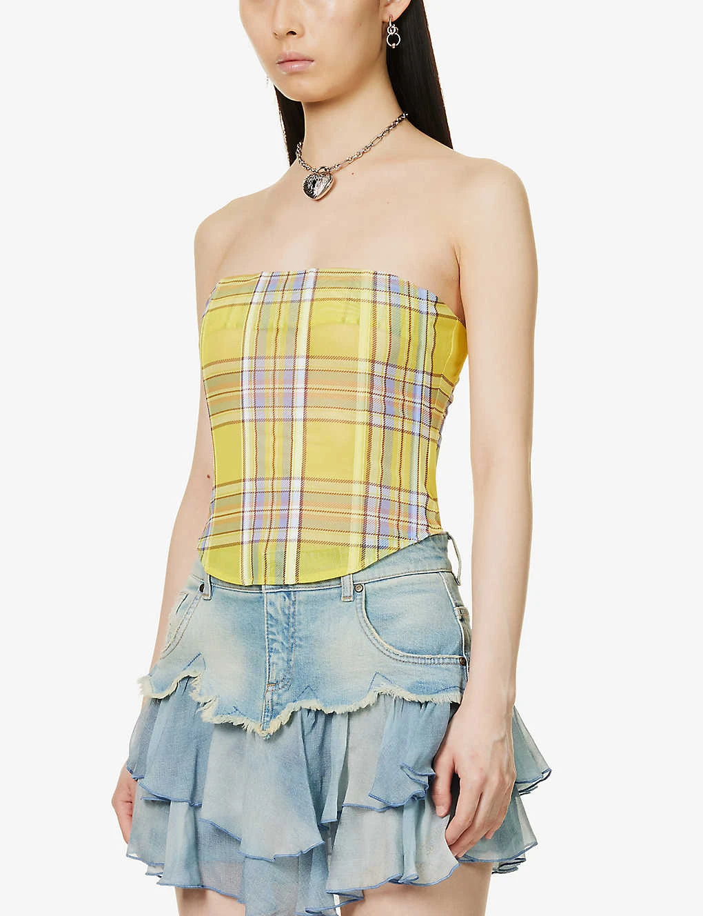 Peri Check-print Corseted Stretch-recycled Polyester Top 3 Peri Check-print Corseted Stretch-recycled Polyester Top - Image 3