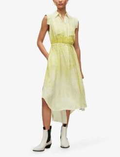 AllSaints Estrella Belted-waist High-low Hem Recycled-polyester Midi Dress -Ted Bakee Clothing Shop R04087350 ZESTYELLOW ALT02