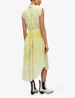 AllSaints Estrella Belted-waist High-low Hem Recycled-polyester Midi Dress -Ted Bakee Clothing Shop R04087350 ZESTYELLOW ALT03