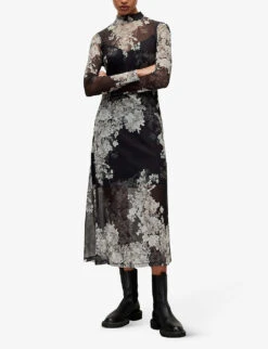 AllSaints Hanna Floral-print Recycled Polyester-blend Midi Dress -Ted Bakee Clothing Shop R04090572 BLACK ALT02