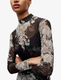 AllSaints Hanna Floral-print Recycled Polyester-blend Midi Dress -Ted Bakee Clothing Shop R04090572 BLACK ALT04