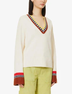 ME AND EM V-neck Ribbed Wool-cashmere Blend Jumper -Ted Bakee Clothing Shop R04094243 CREAMNAVYREDCHEST ALT02