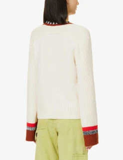 ME AND EM V-neck Ribbed Wool-cashmere Blend Jumper -Ted Bakee Clothing Shop R04094243 CREAMNAVYREDCHEST ALT03