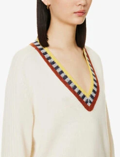 ME AND EM V-neck Ribbed Wool-cashmere Blend Jumper -Ted Bakee Clothing Shop R04094243 CREAMNAVYREDCHEST ALT04