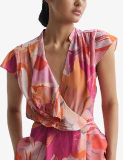 Reiss Corey Tropical-print Wrap-around Woven Top -Ted Bakee Clothing Shop R04098748 PINK ALT04