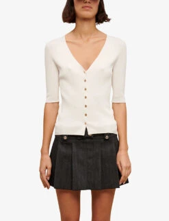 Maje V-neck Ribbed Stretch-knit Cardigan -Ted Bakee Clothing Shop R04101716 BLANC ALT02