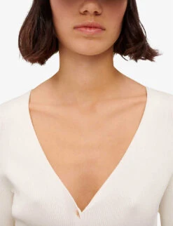 Maje V-neck Ribbed Stretch-knit Cardigan -Ted Bakee Clothing Shop R04101716 BLANC ALT04