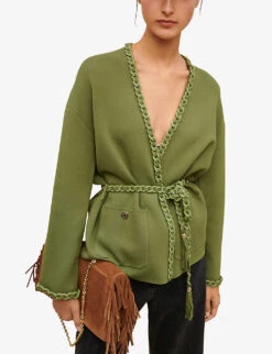 Maje Madeno Chain-trimmed Belted Stretch-woven Cardigan -Ted Bakee Clothing Shop R04101828 BRUNS ALT02