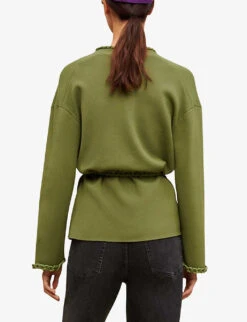 Maje Madeno Chain-trimmed Belted Stretch-woven Cardigan -Ted Bakee Clothing Shop R04101828 BRUNS ALT03