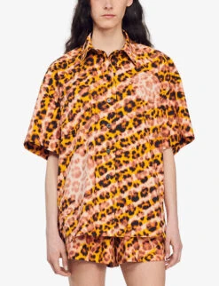 Sandro Avery Leopard-print Oversized Cotton Shirt -Ted Bakee Clothing Shop R04102405 NOIRGRIS ALT02