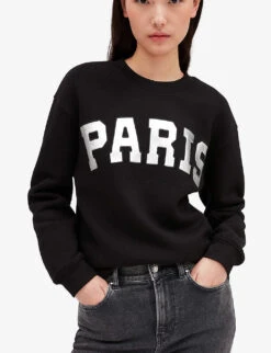 CLAUDIE PIERLOT Paris Patch-print Cotton-blend Jumper -Ted Bakee Clothing Shop R04103280 NOIRGRIS ALT04