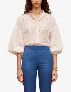 Maje Pressed-pleat Straight-cut High-rise Woven Trousers -Ted Bakee Clothing Shop R04104066 BLEUS ALT02