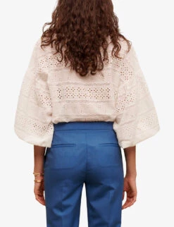 Maje Pressed-pleat Straight-cut High-rise Woven Trousers -Ted Bakee Clothing Shop R04104066 BLEUS ALT03