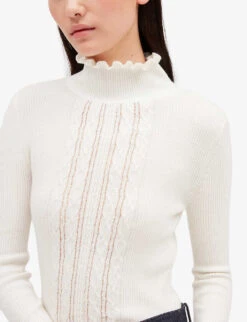 CLAUDIE PIERLOT Ruffled-collar Scroll-pattern Knitted Jumper -Ted Bakee Clothing Shop R04104785 NATURELS ALT03