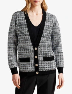 Ted Baker Carmein Checked V-neck Knitted Cardigan -Ted Bakee Clothing Shop R04125145 IVORY ALT02