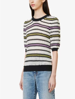 ME AND EM Puff-sleeve Chevron Cotton-knitted Top -Ted Bakee Clothing Shop R04129231 NAVYMULTI ALT02