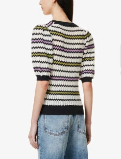 ME AND EM Puff-sleeve Chevron Cotton-knitted Top -Ted Bakee Clothing Shop R04129231 NAVYMULTI ALT03