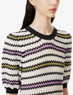 ME AND EM Puff-sleeve Chevron Cotton-knitted Top -Ted Bakee Clothing Shop R04129231 NAVYMULTI ALT04