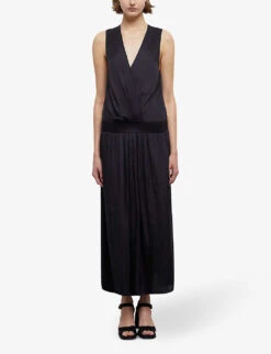 THE KOOPLES Plunge-neck Ruched Satin Maxi Dress -Ted Bakee Clothing Shop R04134642 BLA01 ALT02