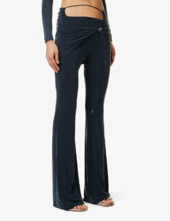 Jacquemus Le Pantalon Espelho Draped-panel Flared Low-rise Stretch-woven Trousers -Ted Bakee Clothing Shop R04134706 NAVY ALT02