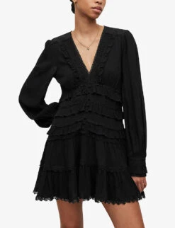 AllSaints Zora Ruffled Woven Mini Dress -Ted Bakee Clothing Shop R04136396 BLACK ALT02