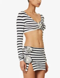 Jean Paul Gaultier Flower Floral-appliqué Cropped Knitted Top -Ted Bakee Clothing Shop R04137669 ECRUNAVY ALT02