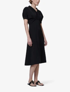 Puff-sleeve V-neck Woven Midi Dress -Ted Bakee Clothing Shop R04141978 BLACK ALT02