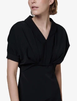 Puff-sleeve V-neck Woven Midi Dress -Ted Bakee Clothing Shop R04141978 BLACK ALT04