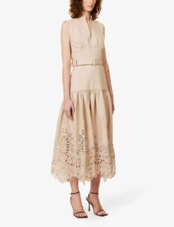 Jayda Broderie-trim Linen Midi Dress -Ted Bakee Clothing Shop R04144903 BEIGE ALT02