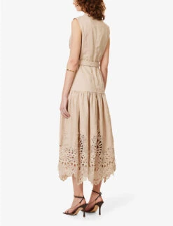 Jayda Broderie-trim Linen Midi Dress -Ted Bakee Clothing Shop R04144903 BEIGE ALT03