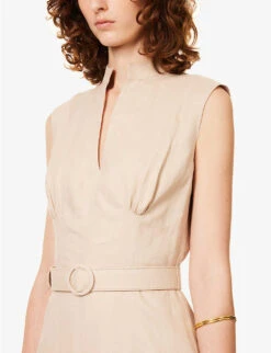 Jayda Broderie-trim Linen Midi Dress -Ted Bakee Clothing Shop R04144903 BEIGE ALT04