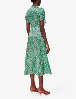 Whistles Pansy Meadow Floral-print Ruched-sleeve Satin Midi Dress 9 Whistles Pansy Meadow Floral-print Ruched-sleeve Satin Midi Dress -Ted Bakee Clothing Shop R04145312 MULTICOLOURED ALT03