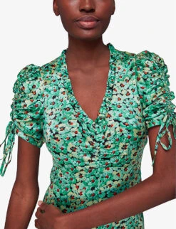 Whistles Pansy Meadow Floral-print Ruched-sleeve Satin Midi Dress 10 Whistles Pansy Meadow Floral-print Ruched-sleeve Satin Midi Dress -Ted Bakee Clothing Shop R04145312 MULTICOLOURED ALT04